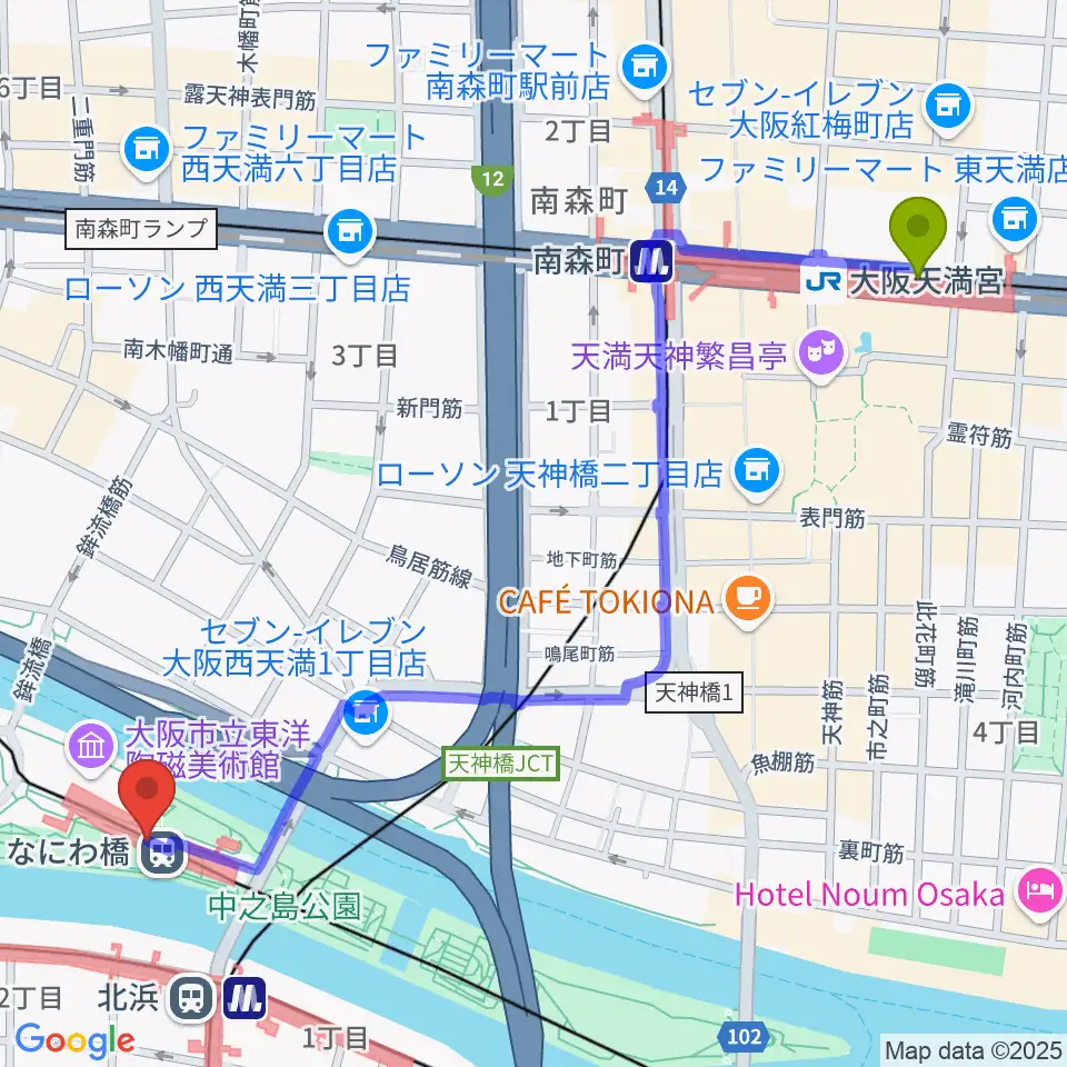 大阪天満宮駅から京阪電車なにわ橋駅 アートエリアB1へのルートマップ地図