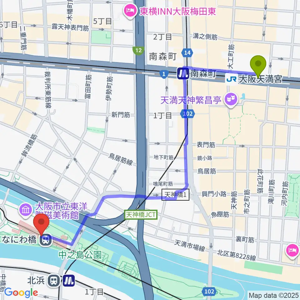 大阪天満宮駅から京阪電車なにわ橋駅 アートエリアB1へのルートマップ地図