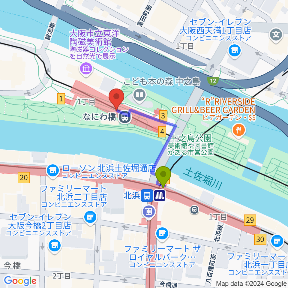 京阪電車なにわ橋駅 アートエリアB1の最寄駅北浜駅からの徒歩ルート（約2分）地図