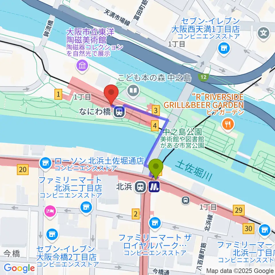 京阪電車なにわ橋駅 アートエリアB1の最寄駅北浜駅からの徒歩ルート（約2分）地図