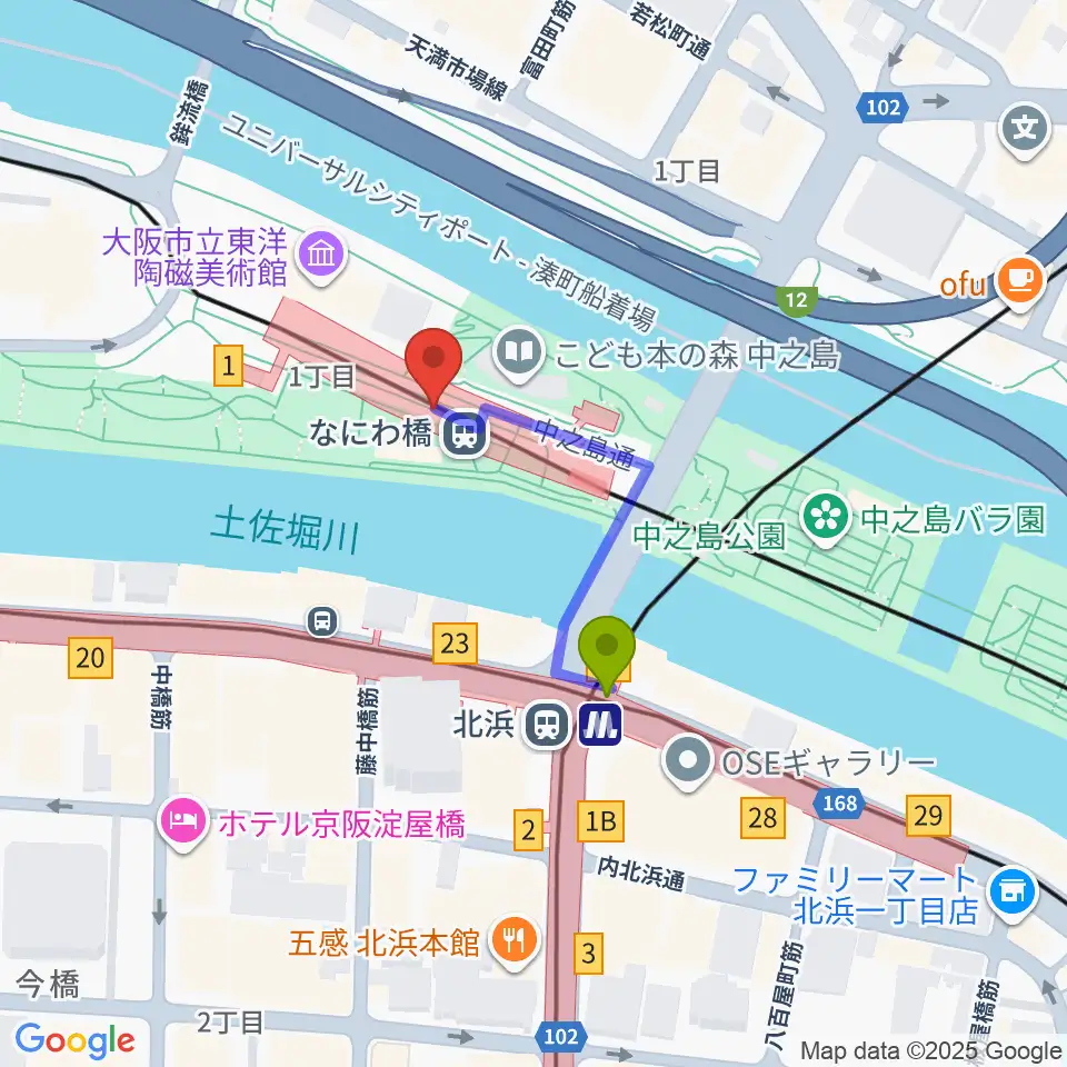京阪電車なにわ橋駅 アートエリアB1の最寄駅北浜駅からの徒歩ルート（約2分）地図
