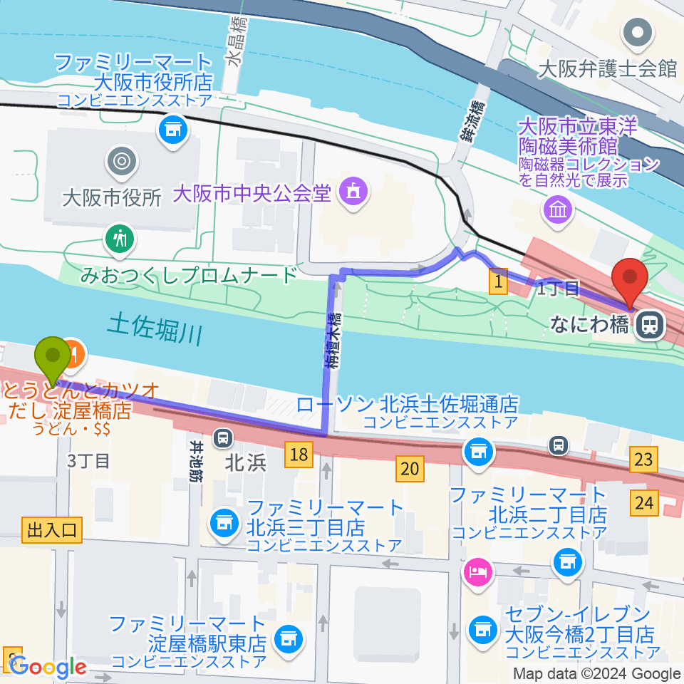 淀屋橋駅から京阪電車なにわ橋駅 アートエリアB1へのルートマップ地図