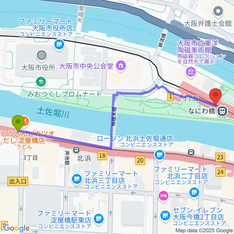 淀屋橋駅から京阪電車なにわ橋駅 アートエリアB1へのルートマップ地図