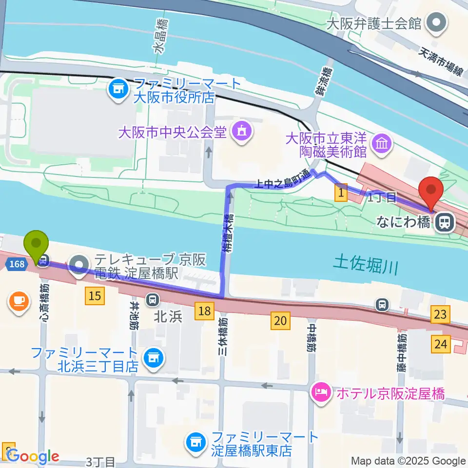 淀屋橋駅から京阪電車なにわ橋駅 アートエリアB1へのルートマップ地図