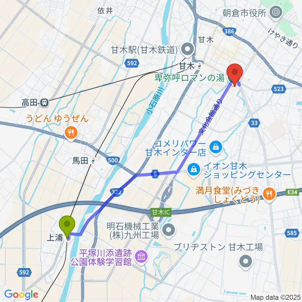 上浦駅からピーポート甘木（朝倉市総合市民センター）へのルートマップ地図