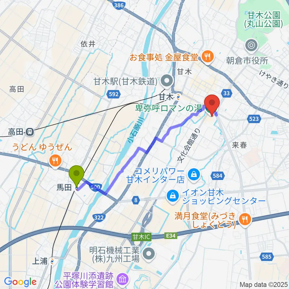 馬田駅からピーポート甘木（朝倉市総合市民センター）へのルートマップ地図