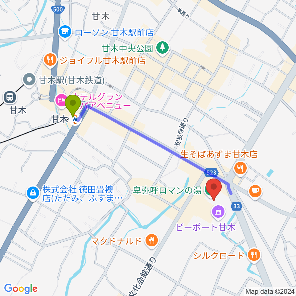 ピーポート甘木（朝倉市総合市民センター）の最寄駅甘木駅からの徒歩ルート（約9分）地図