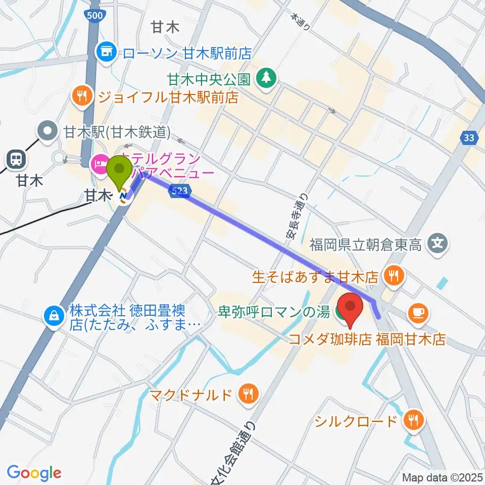 ピーポート甘木（朝倉市総合市民センター）の最寄駅甘木駅からの徒歩ルート（約9分）地図