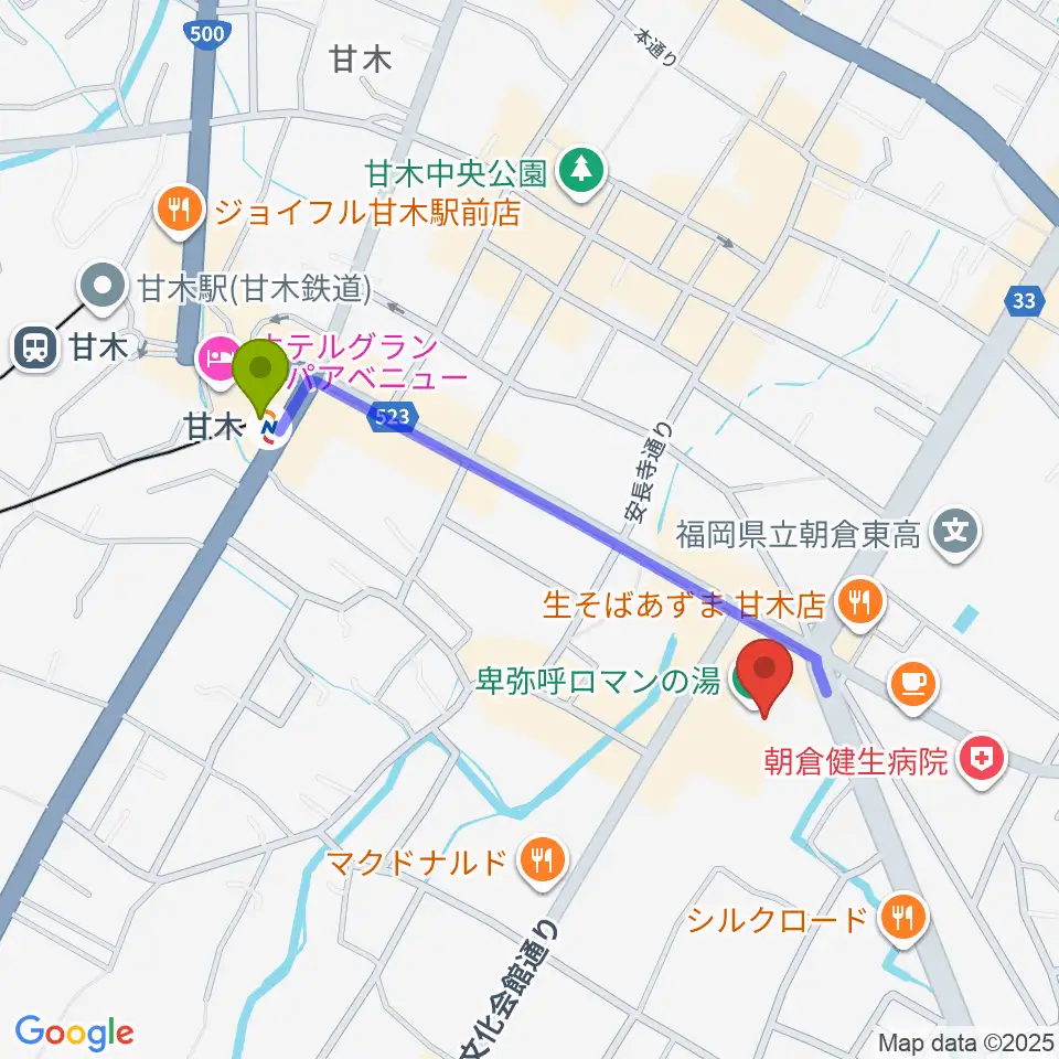 ピーポート甘木（朝倉市総合市民センター）の最寄駅甘木駅からの徒歩ルート（約9分）地図