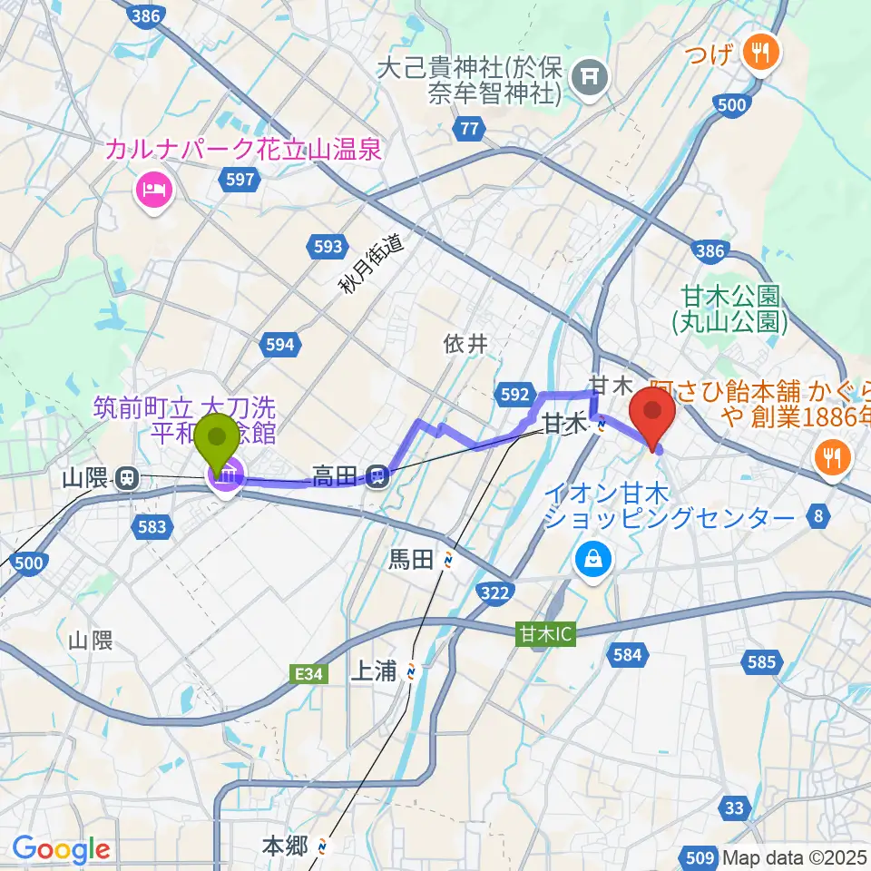 太刀洗駅からピーポート甘木（朝倉市総合市民センター）へのルートマップ地図