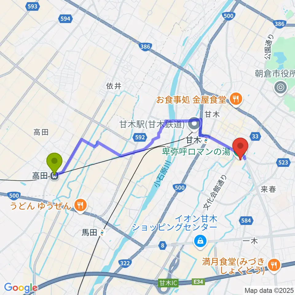 高田駅からピーポート甘木（朝倉市総合市民センター）へのルートマップ地図