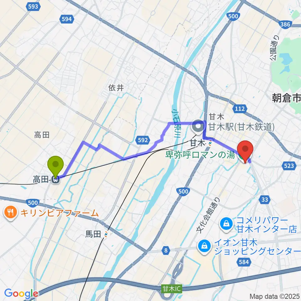 高田駅からピーポート甘木（朝倉市総合市民センター）へのルートマップ地図
