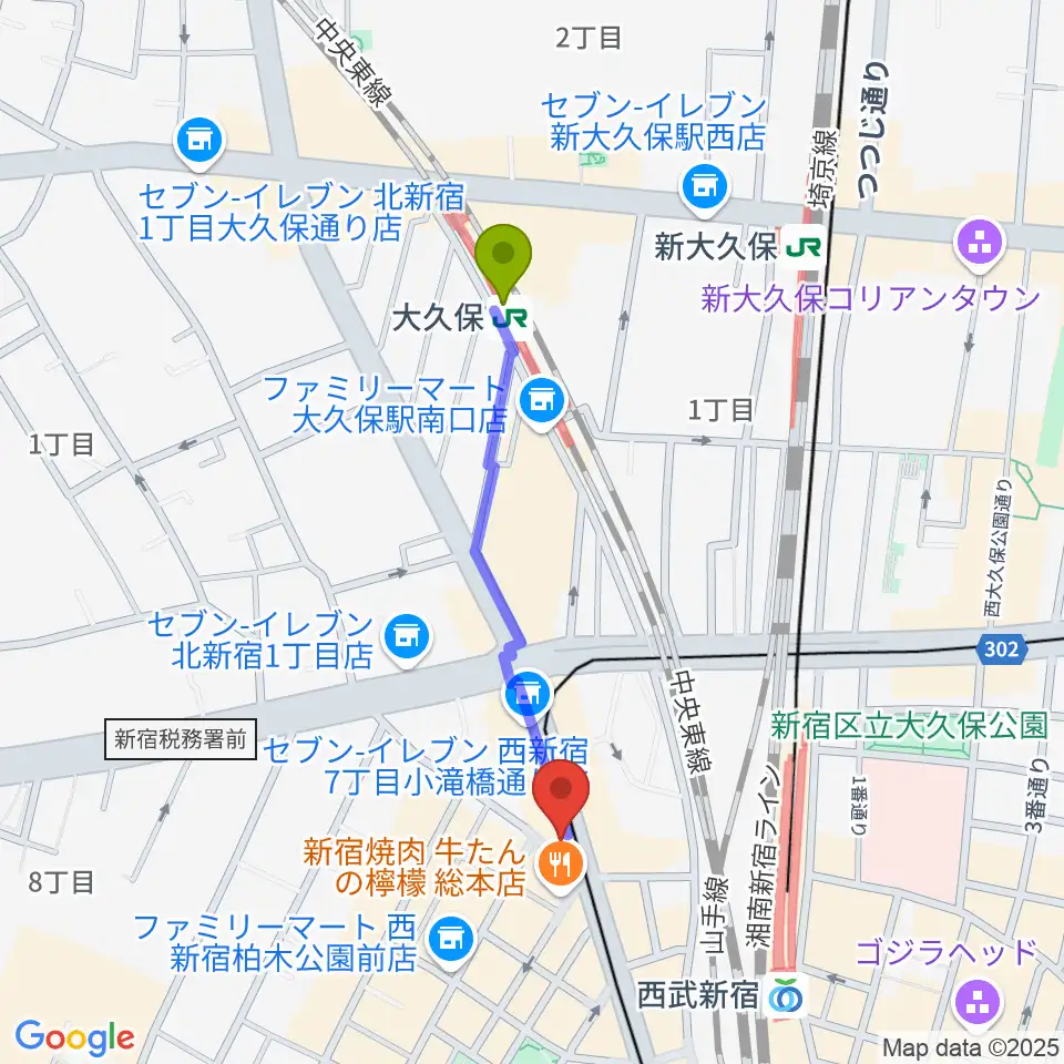 大久保駅からナットレコードへのルートマップ地図