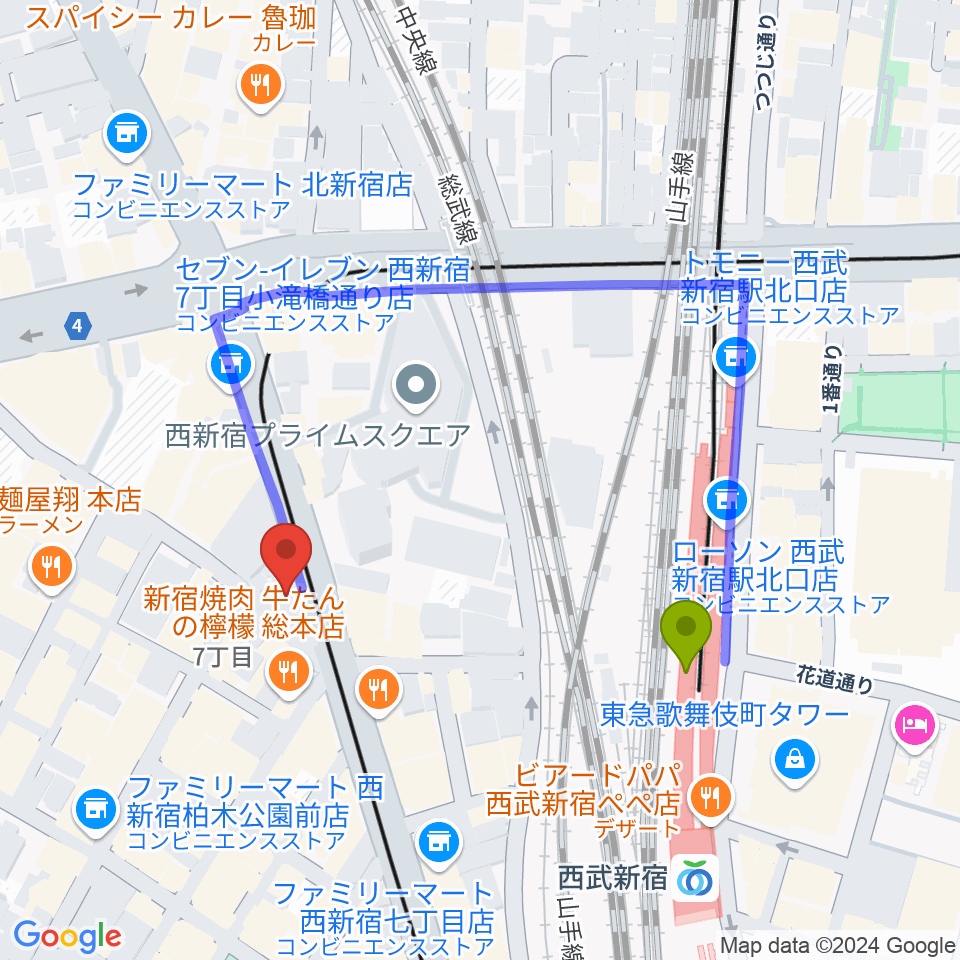 Nat Recordsの最寄駅西武新宿駅からの徒歩ルート（約3分）地図