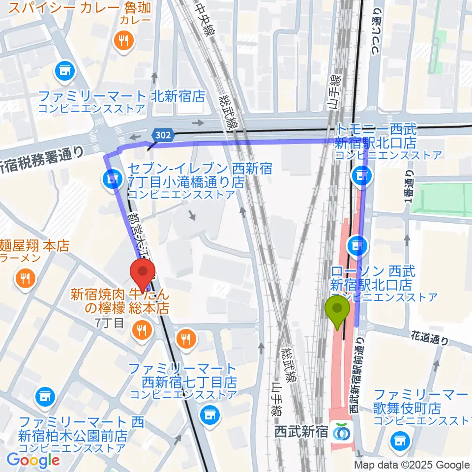 ナットレコードの最寄駅西武新宿駅からの徒歩ルート（約3分）地図