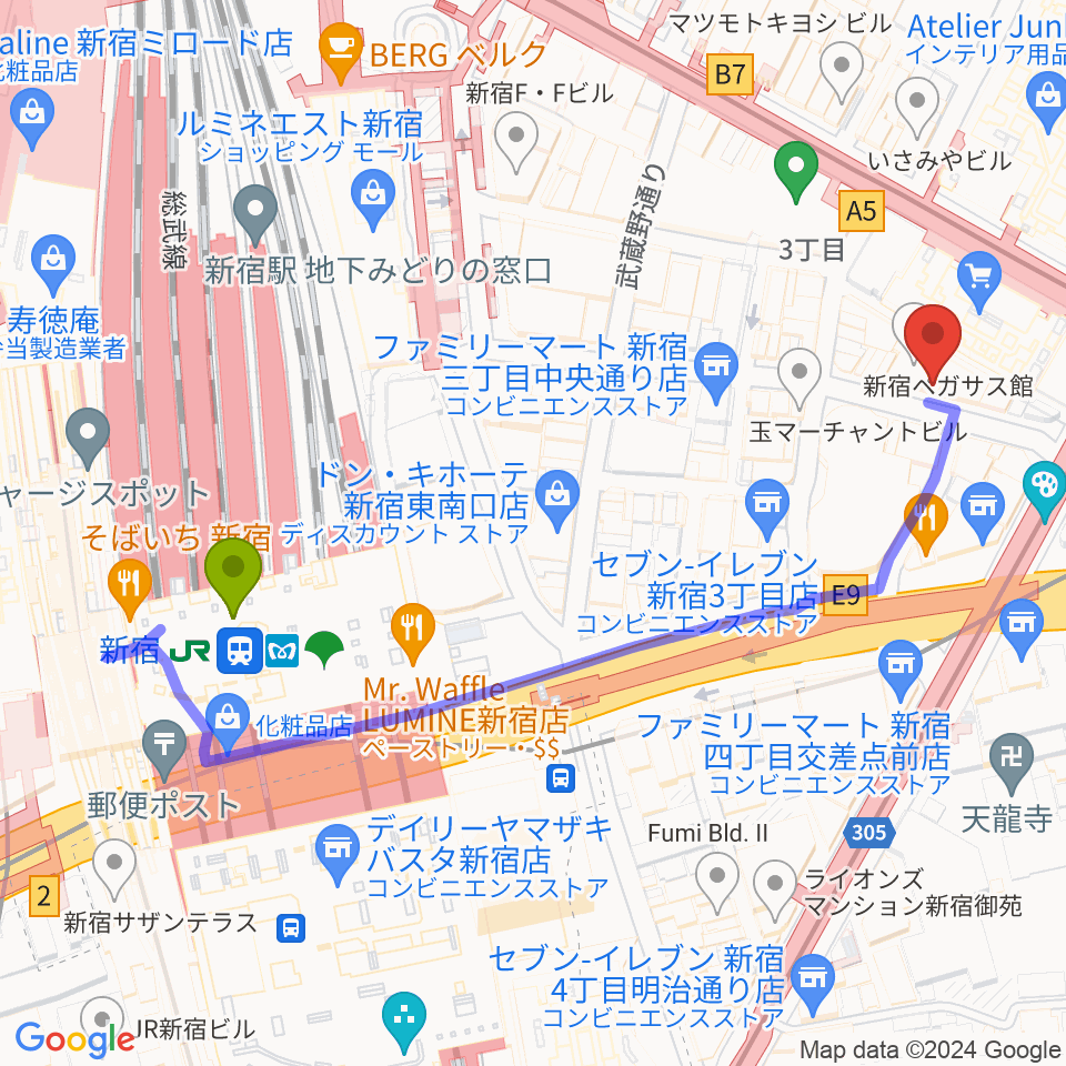 新宿駅からディスクユニオン新宿パンクマーケットへのルートマップ地図