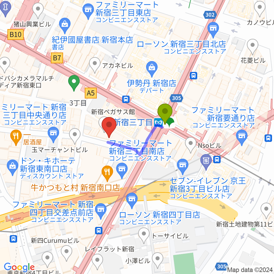 ディスクユニオン新宿パンクマーケットの最寄駅新宿三丁目駅からの徒歩ルート（約2分）地図