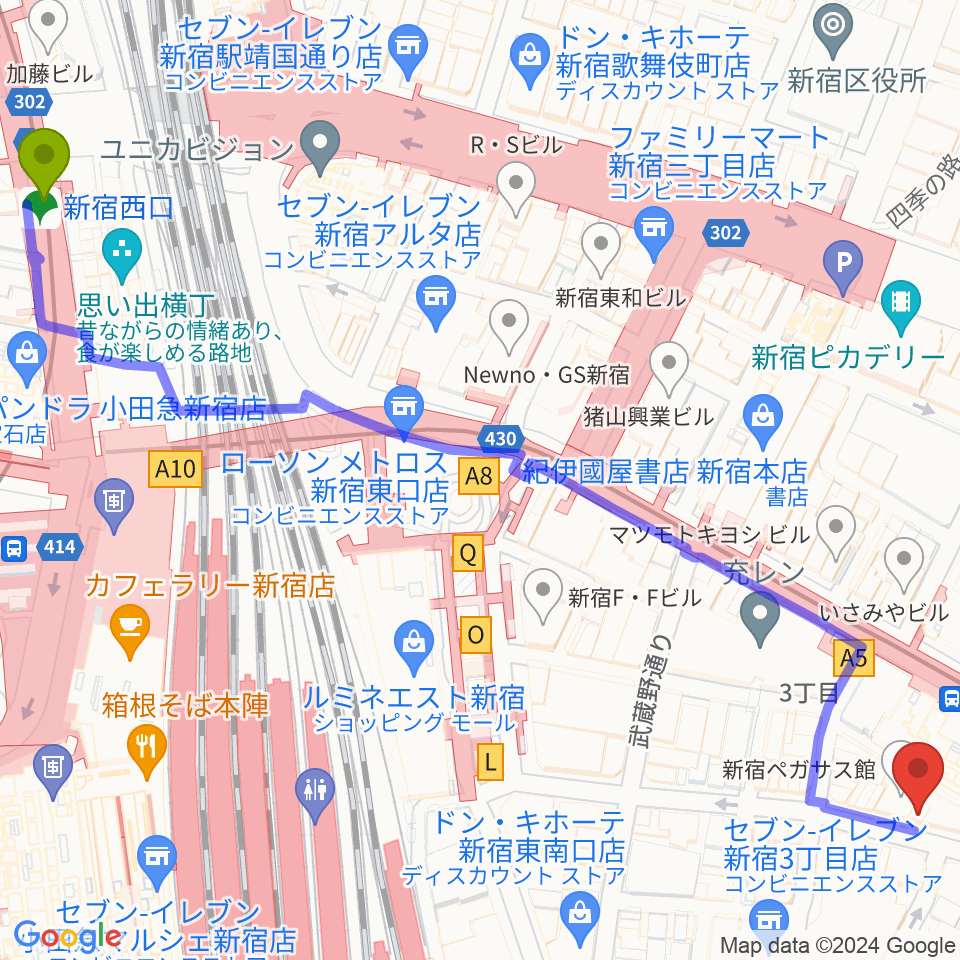 新宿西口駅からディスクユニオン新宿パンクマーケットへのルートマップ地図