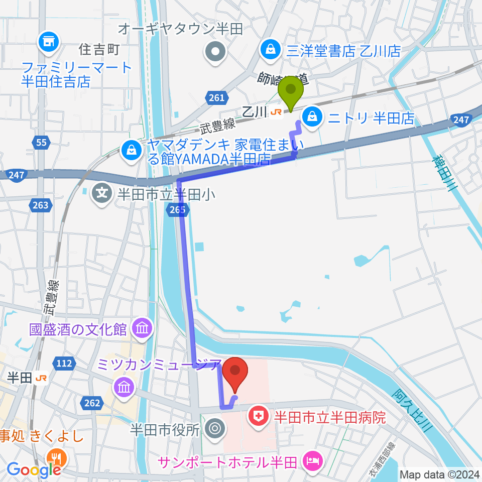 乙川駅からアイプラザ半田へのルートマップ地図