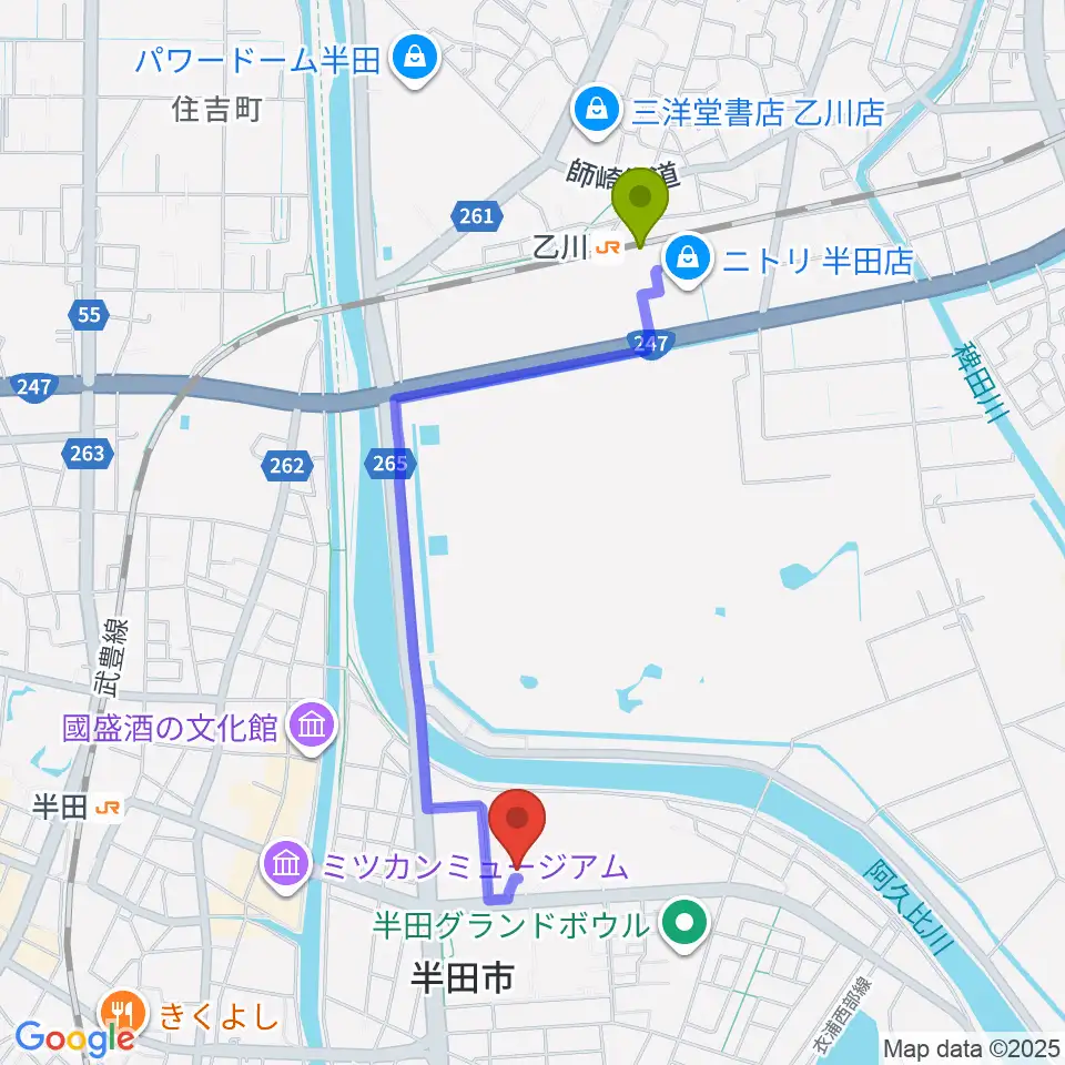 乙川駅からアイプラザ半田へのルートマップ地図