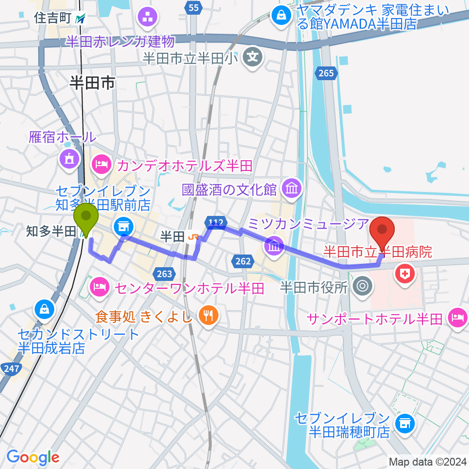 知多半田駅からアイプラザ半田へのルートマップ地図