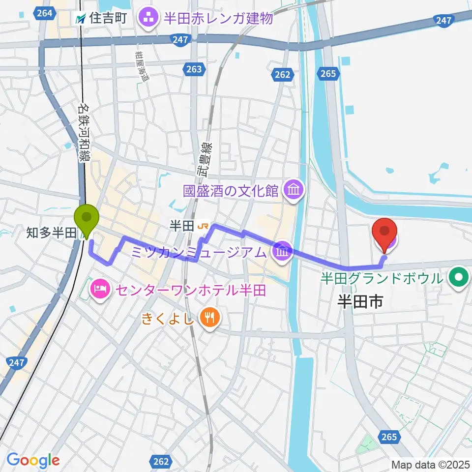 知多半田駅からアイプラザ半田へのルートマップ地図