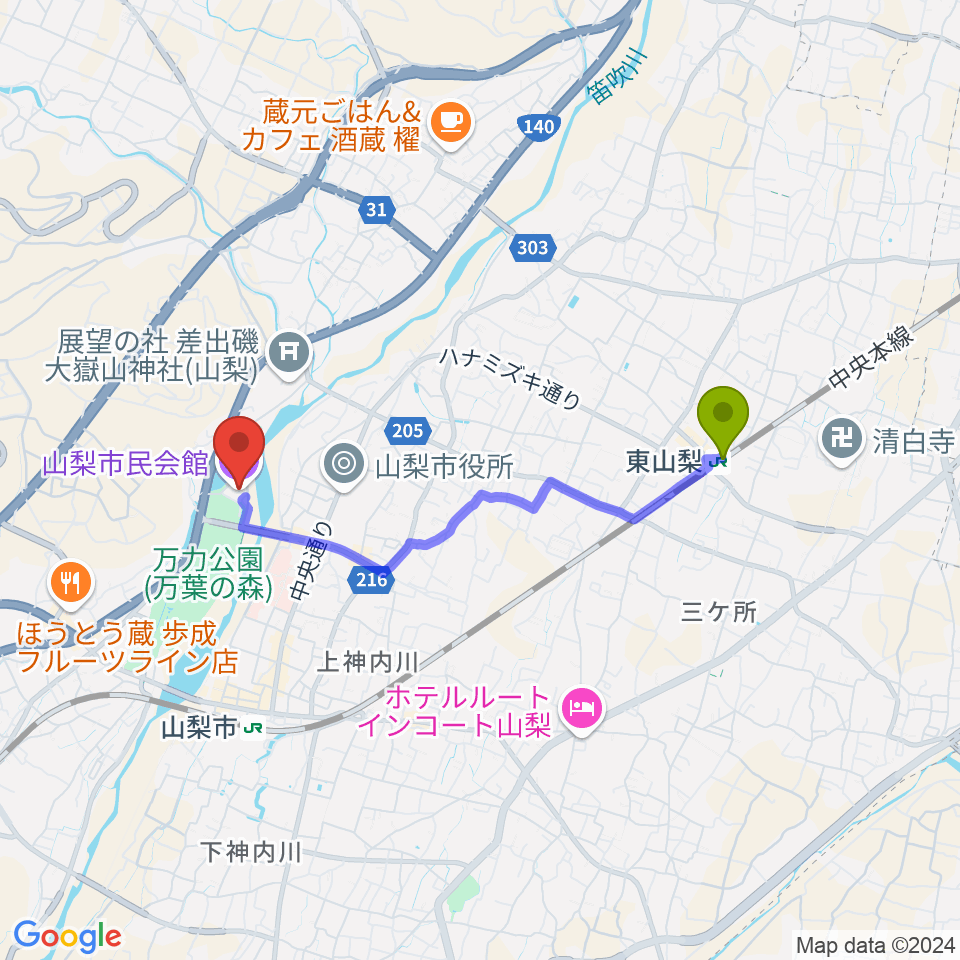 東山梨駅から山梨市民会館へのルートマップ地図