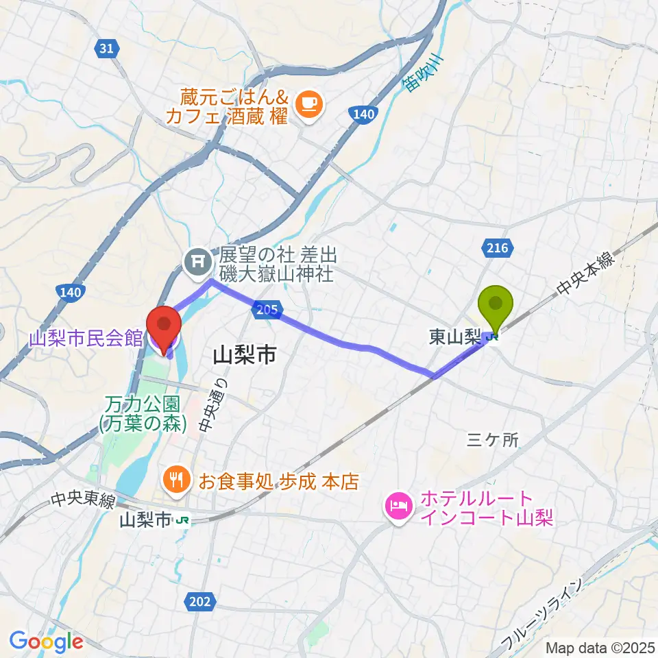 東山梨駅から山梨市民会館へのルートマップ地図