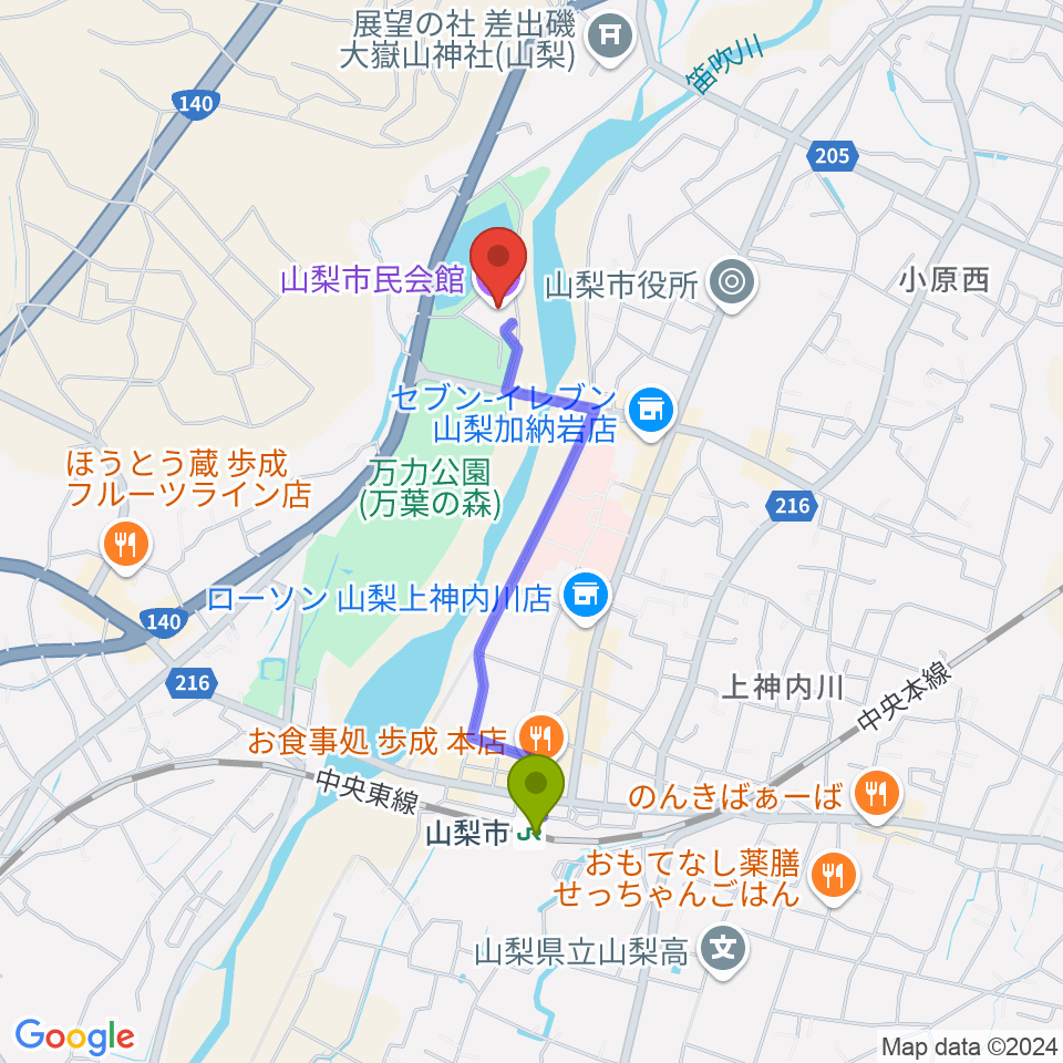 山梨市民会館の最寄駅山梨市駅からの徒歩ルート（約15分）地図