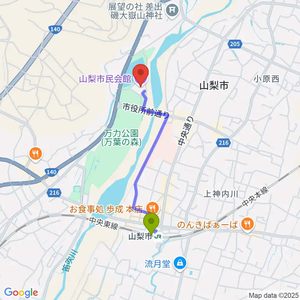 山梨市民会館の最寄駅山梨市駅からの徒歩ルート（約15分）地図