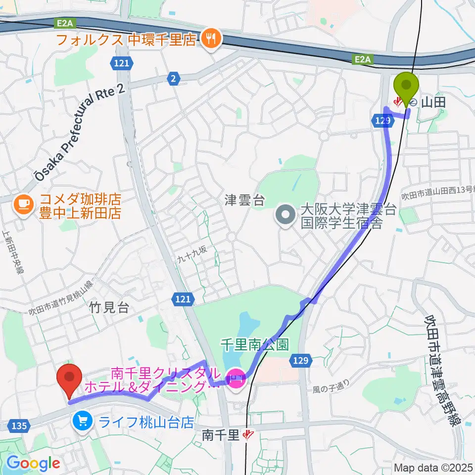 山田駅から三木楽器 桃山台センターへのルートマップ地図