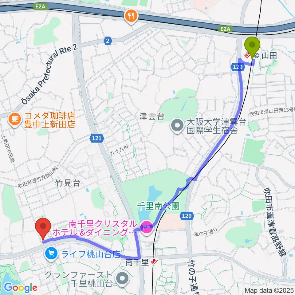 山田駅から三木楽器 桃山台センターへのルートマップ地図