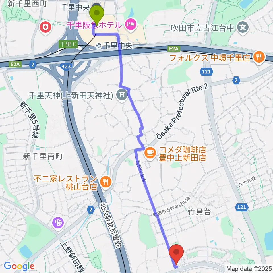 千里中央駅から三木楽器 桃山台センターへのルートマップ地図
