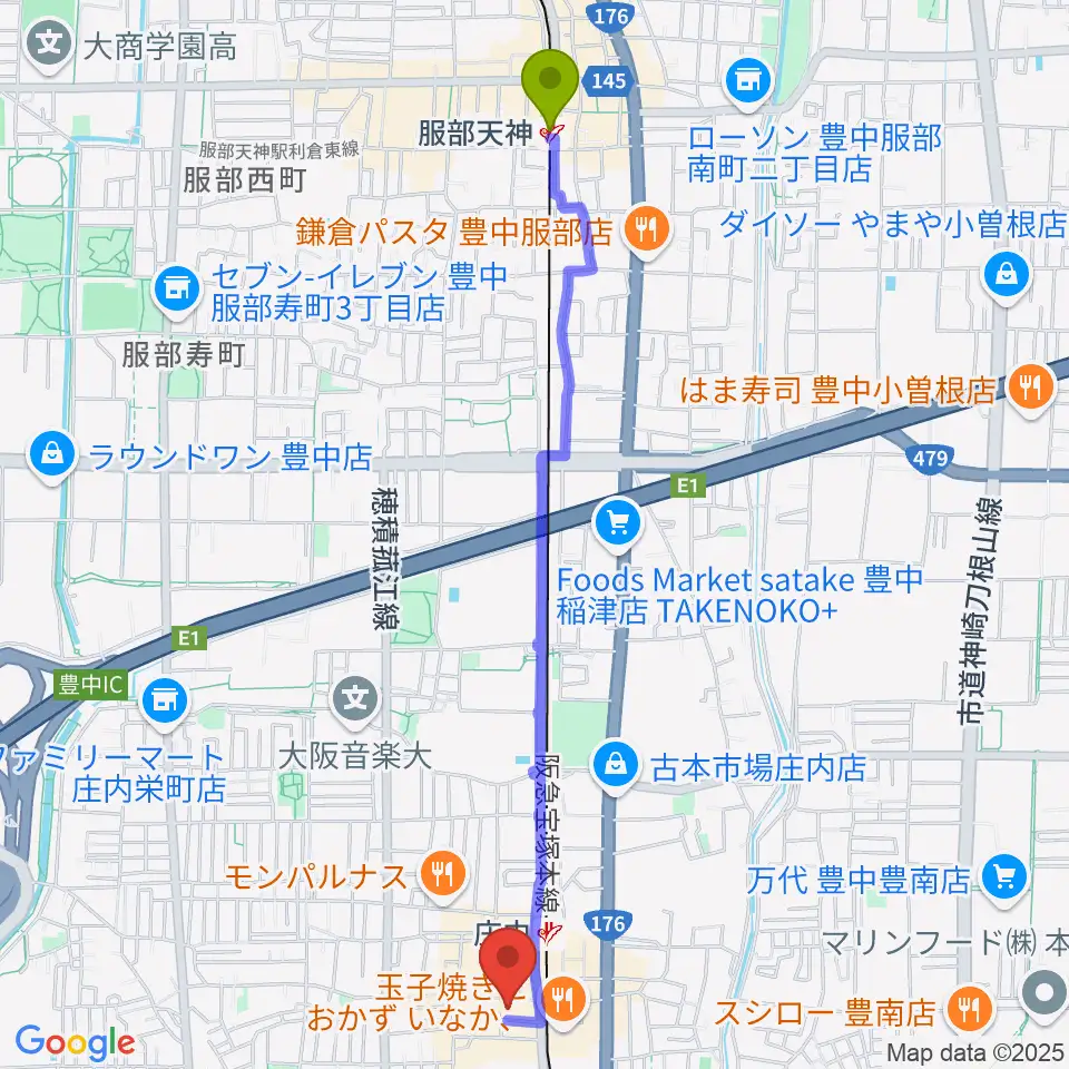 服部天神駅から三木楽器 庄内センターへのルートマップ地図