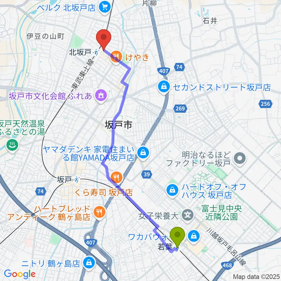 若葉駅から坂戸市文化施設オルモへのルートマップ地図