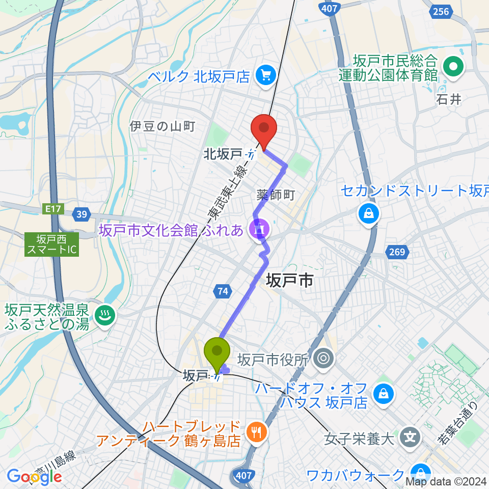 坂戸駅から坂戸市文化施設オルモへのルートマップ地図