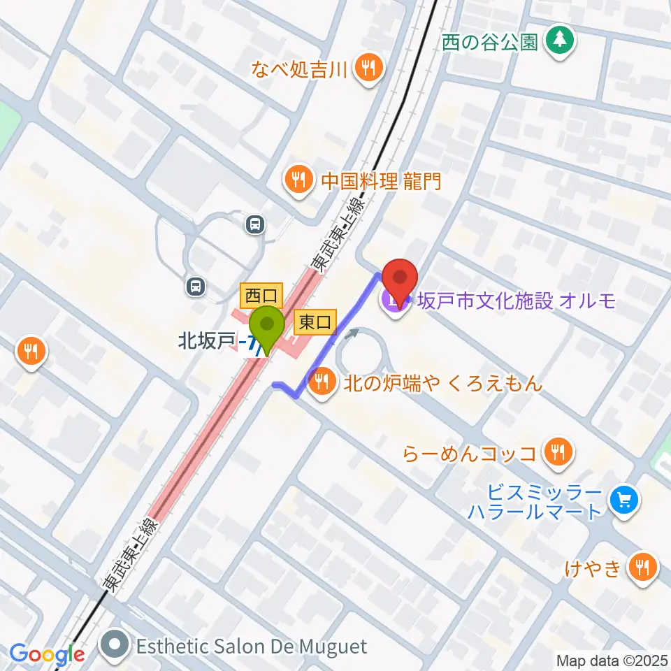 坂戸市文化施設オルモの最寄駅北坂戸駅からの徒歩ルート（約2分）地図