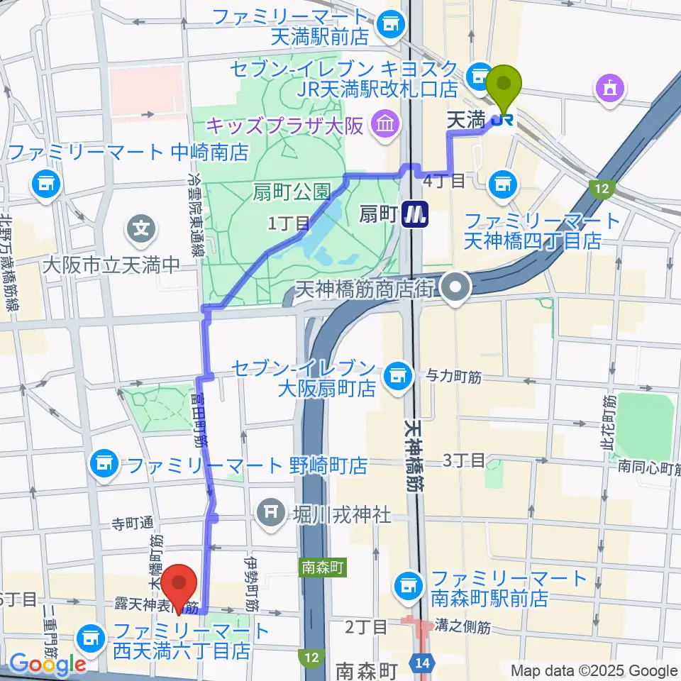 天満駅から西天満D45へのルートマップ地図