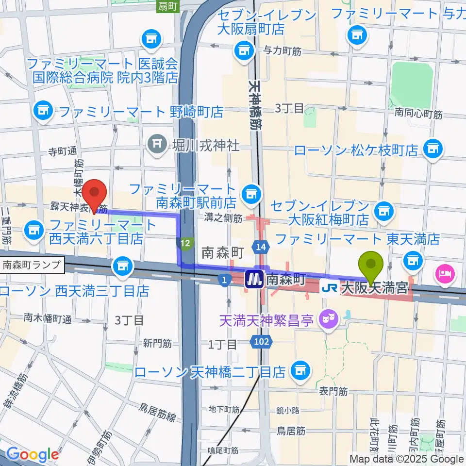 西天満D45の最寄駅大阪天満宮駅からの徒歩ルート（約10分）地図