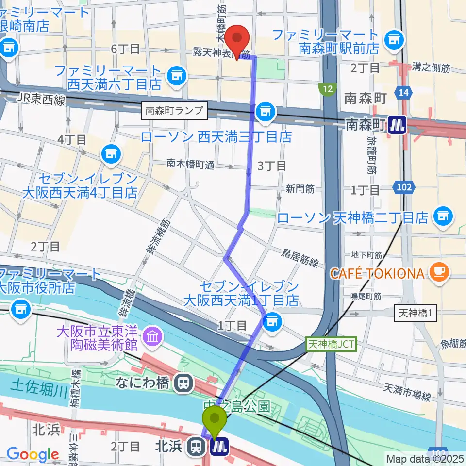 北浜駅から西天満D45へのルートマップ地図