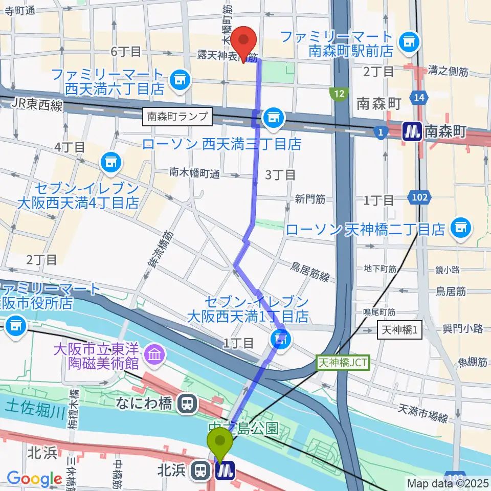 北浜駅から西天満D45へのルートマップ地図