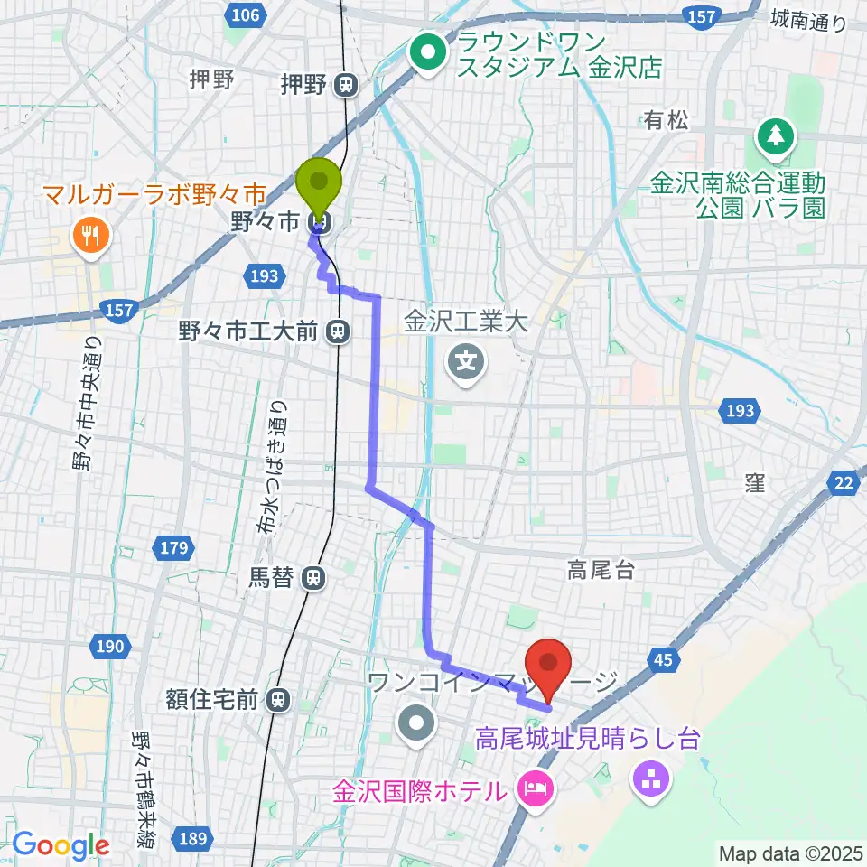 野々市駅から北村 箏・三弦教室へのルートマップ地図