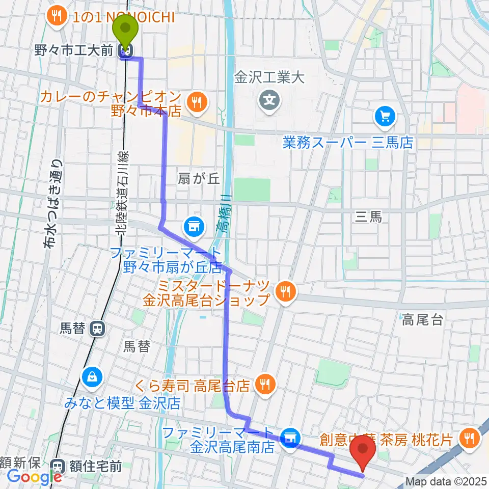 野々市工大前駅から北村 箏・三弦教室へのルートマップ地図