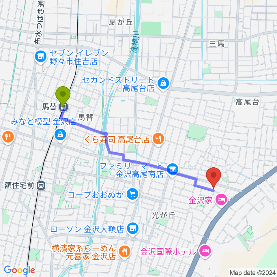 北村 箏・三弦教室の最寄駅馬替駅からの徒歩ルート（約19分）地図