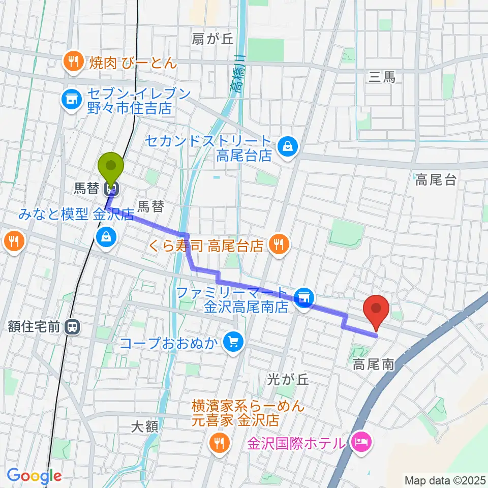 北村 箏・三弦教室の最寄駅馬替駅からの徒歩ルート（約19分）地図