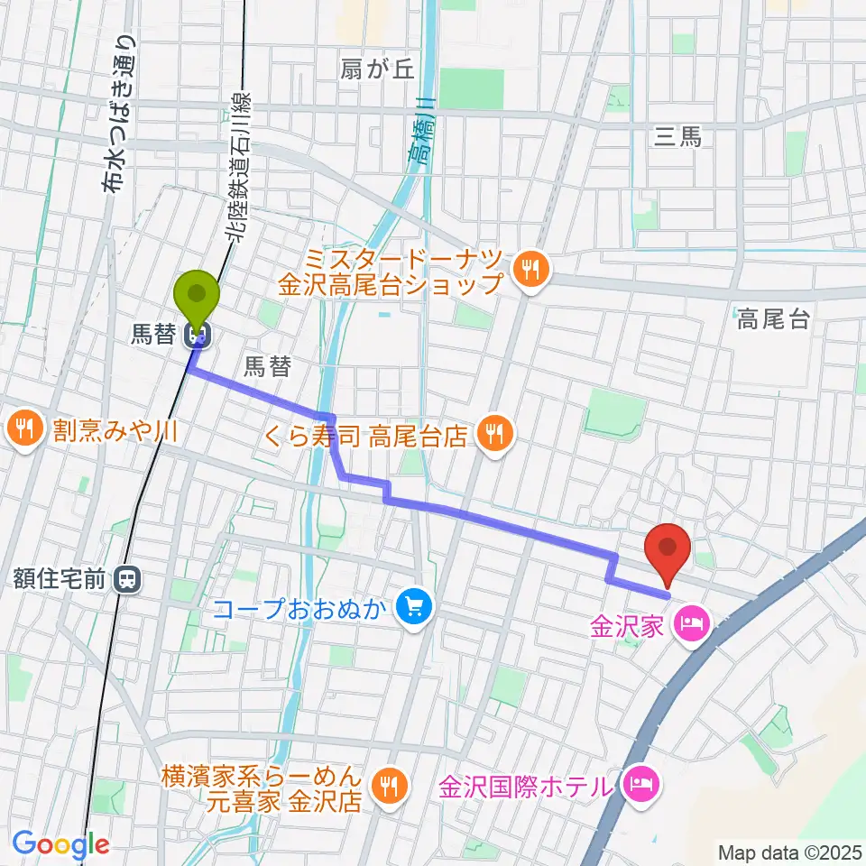 北村 箏・三弦教室の最寄駅馬替駅からの徒歩ルート（約19分）地図