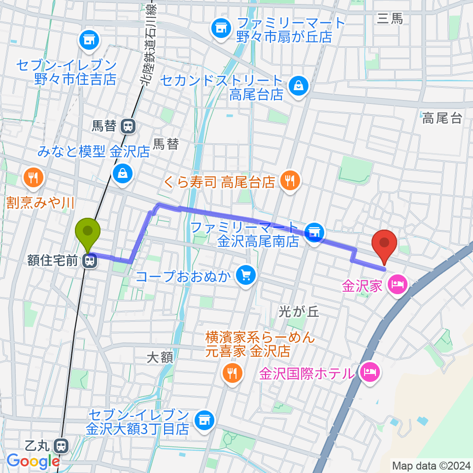 額住宅前駅から北村 箏・三弦教室へのルートマップ地図