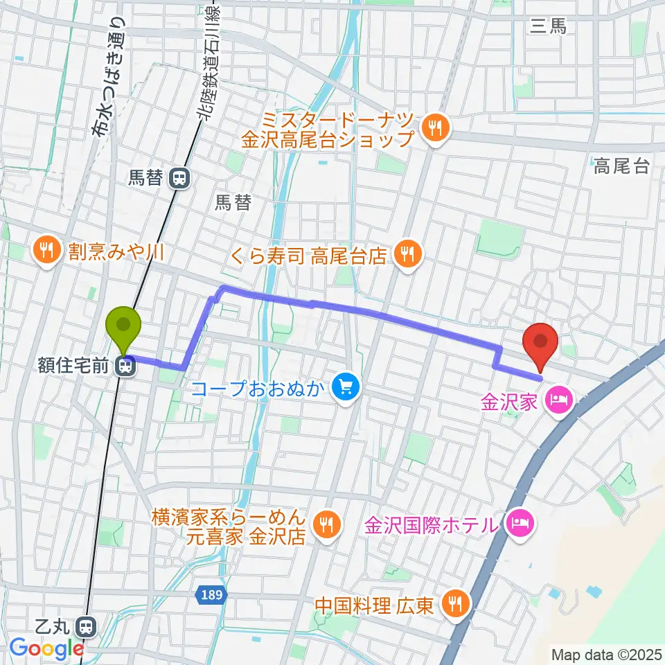 額住宅前駅から北村 箏・三弦教室へのルートマップ地図
