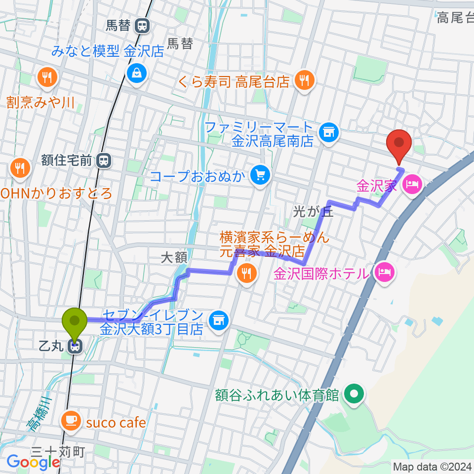 乙丸駅から北村 箏・三弦教室へのルートマップ地図