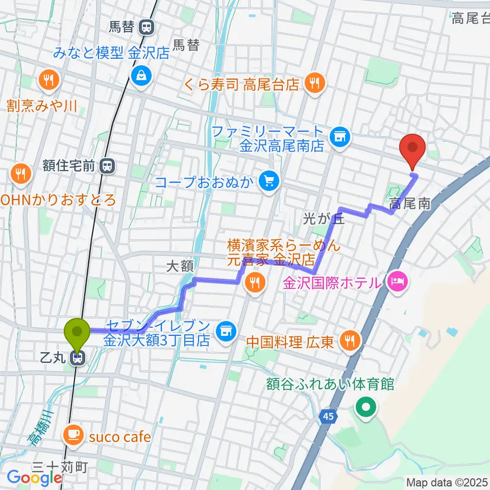 乙丸駅から北村 箏・三弦教室へのルートマップ地図